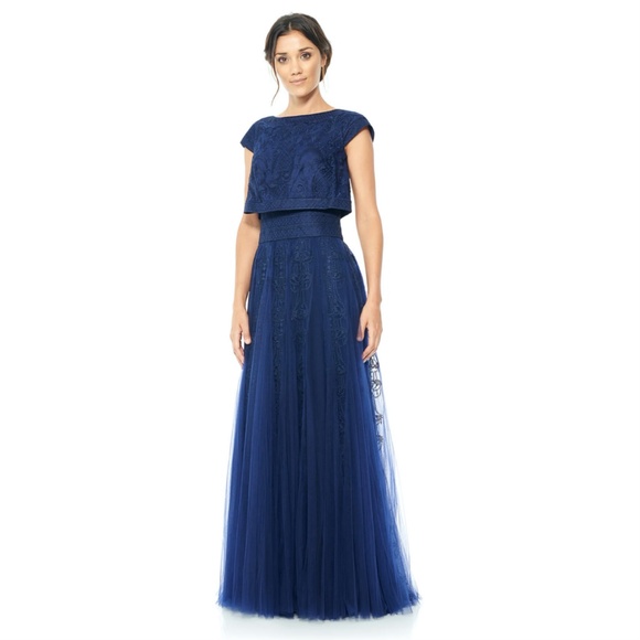 Tadashi Shoji Embroidered Tulle Crop Top Gown - Picture 3 of 8